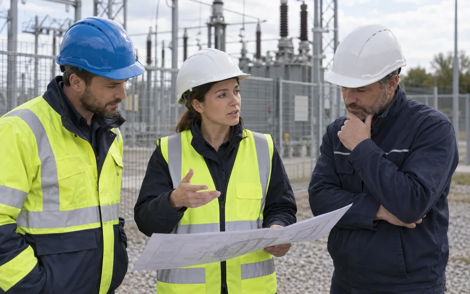 Cheffe d’équipe en briefing de chantier — illustration IA